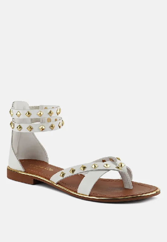 EMMETH Studs Embellished White Flat Gladiator Sandals