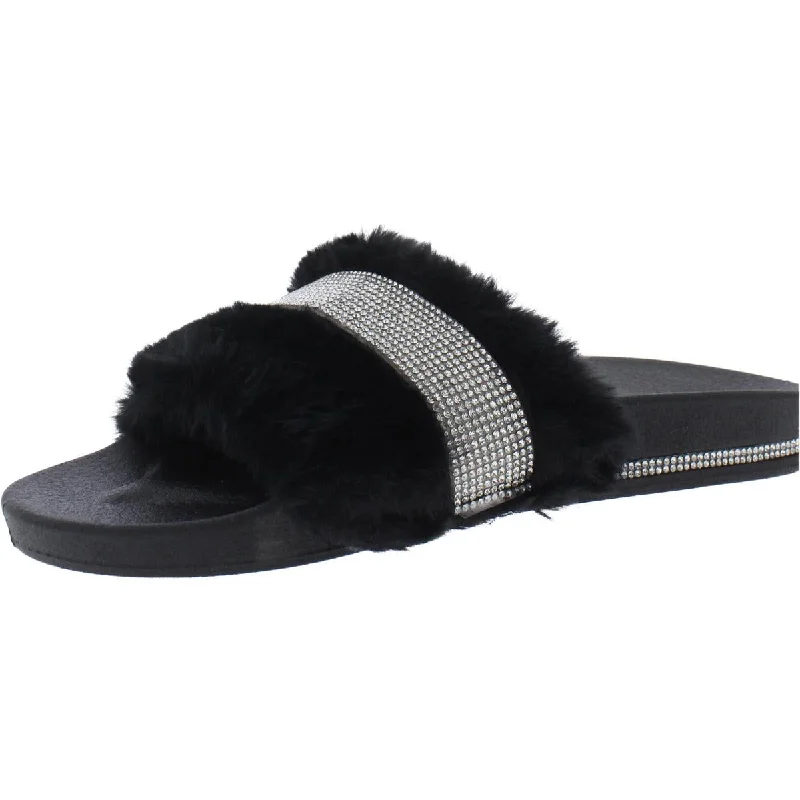 Shoe Land Womens Best Wishes Faux Fur Rhinestone Slide Sandals