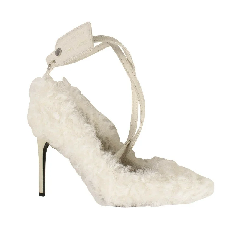 White Furry Zip Tie Heels