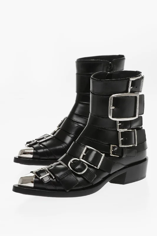 Alexander Mcqueen Multibuckled Hardware Western Booties With Metal Toe 4Cm