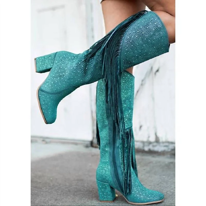 Another Chance To Sparkle Rhinestone Fringe Boots In Teal