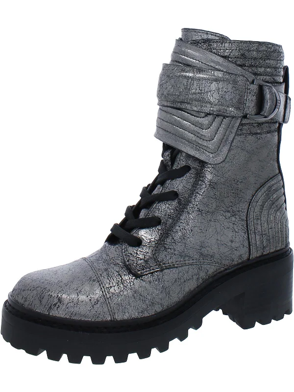 Basia Womens Leather Metallic Combat & Lace-up Boots