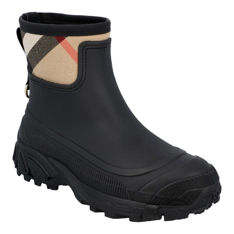 Burberry women check panel rain boots in black rubber