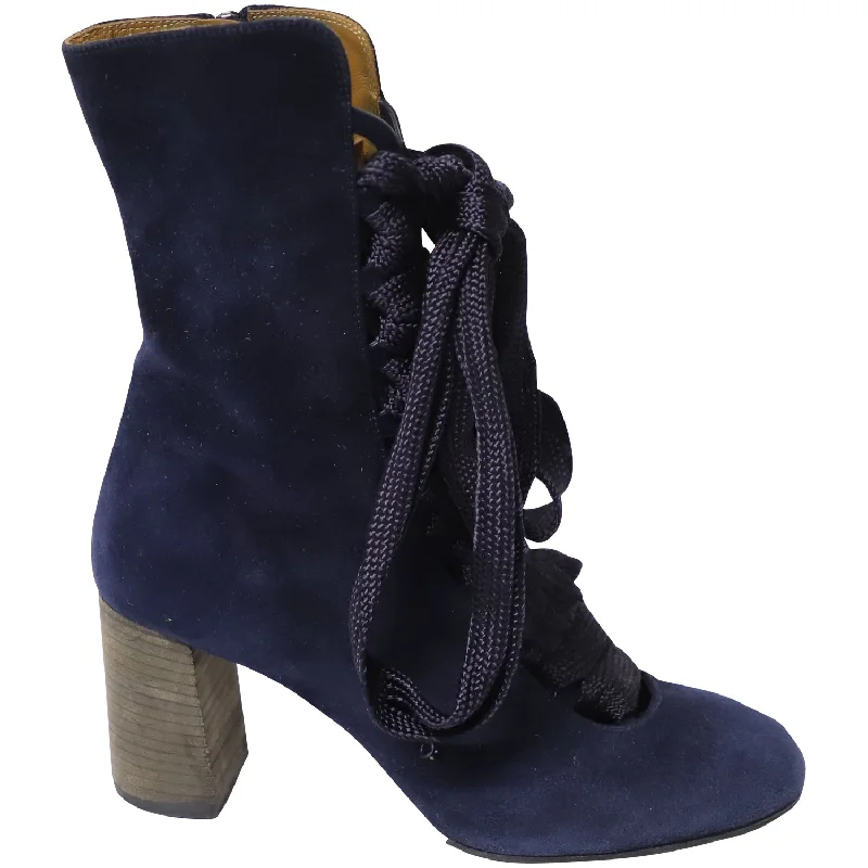 Chloe Harper Lace Up Boots in Navy Blue Suede