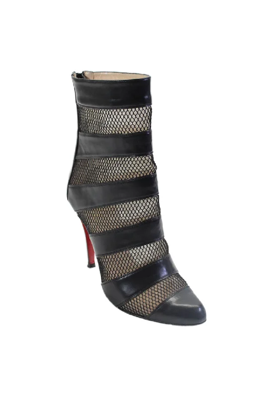 Christian Louboutin Women's Pointed Toe Mesh Leather Ankle Boots Black