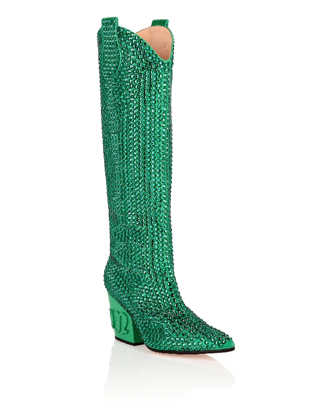 CowBoy Boots Mid Heels High Crystal