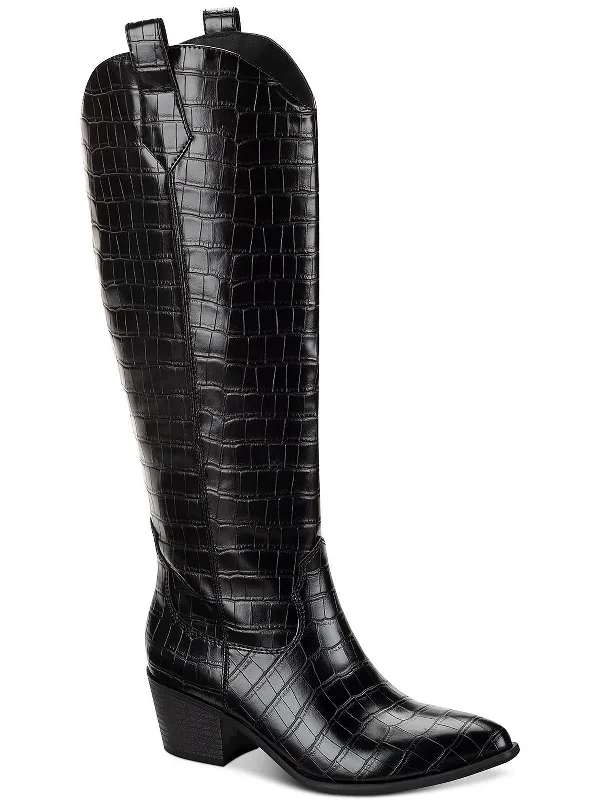 Dollyy Womens Croc Texture Block Heel Knee-High Boots