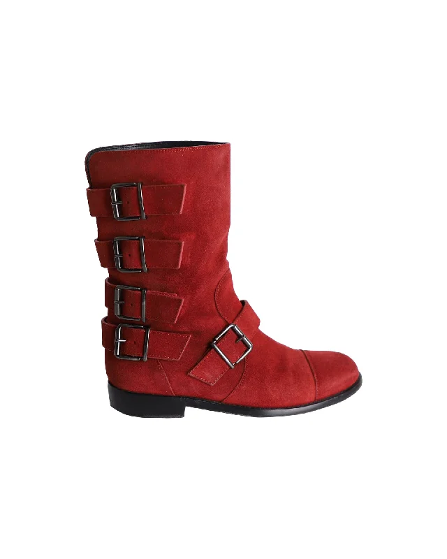 Giuseppe Zanotti Buckled Biker Boots in Red Suede