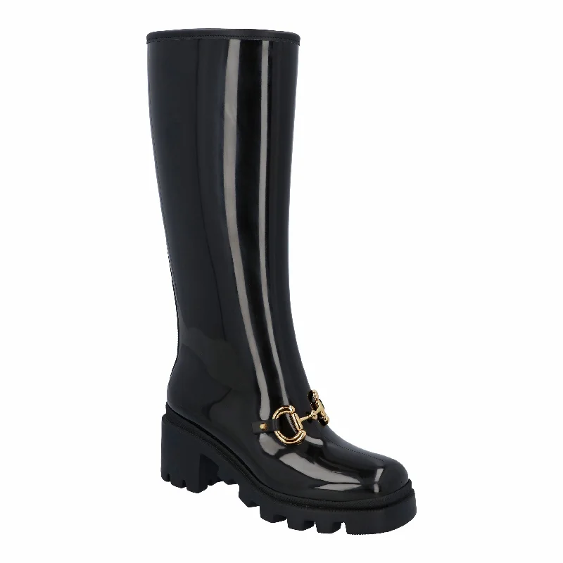 Gucci Women Knee-High Rubber Boot With Horsebit In Black Leather