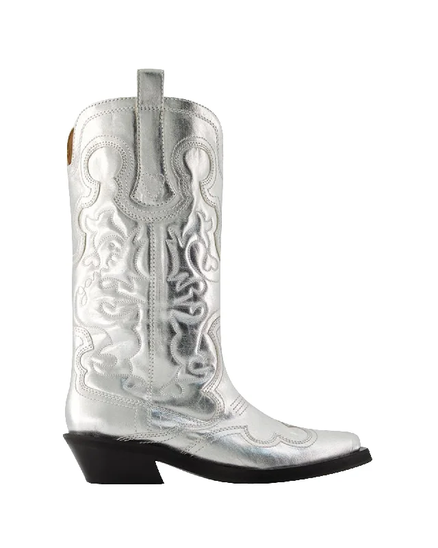 Mid Shaft Western Boots - Ganni - Synthetic - Silver