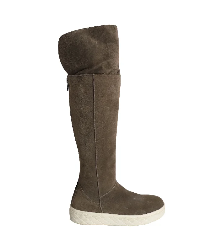 Moncler Knee Shearling Lined Boots in Grey Suede