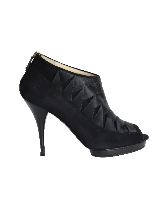 Oscar de la Renta Peep-Toe Platform Boots in Black Satin