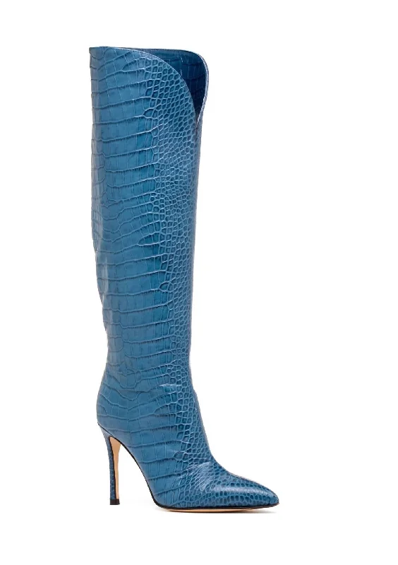 Peyton Knee High Pointed Toe Boot In Sky Blue Crocodile