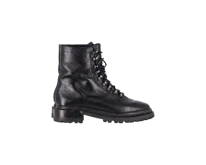 Porte & Paire Ribbed-Knit Trimmed Combat Boots in Black Leather