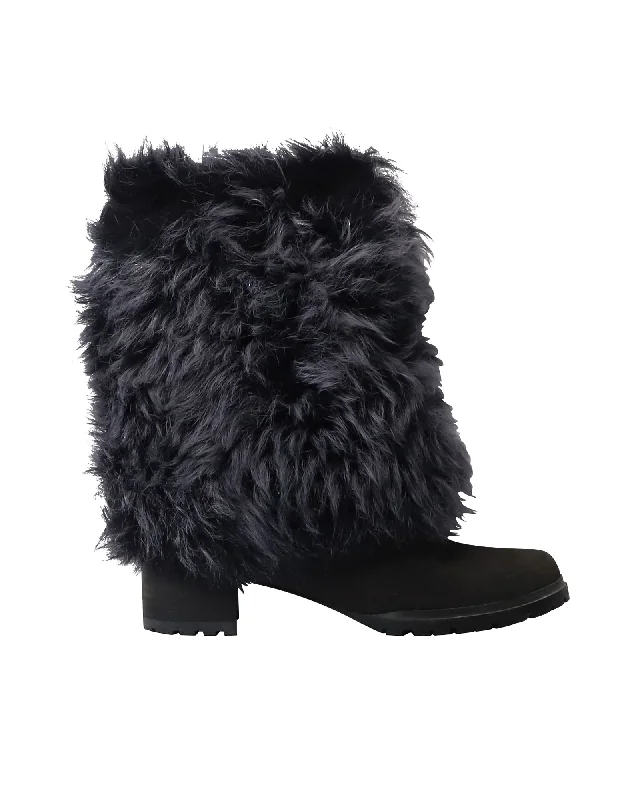 Stuart Weitzman 'Blizzard' Fur Mid-High Boots in Black Suede