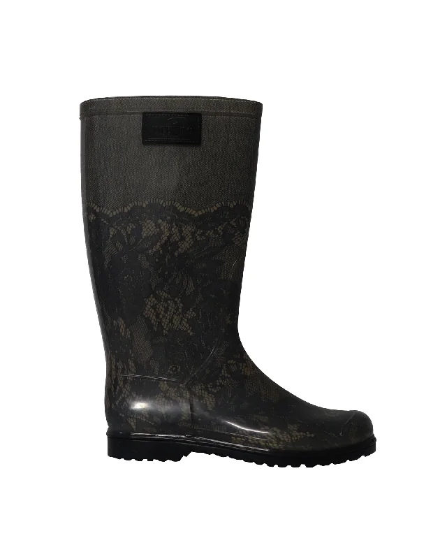 Valentino Lace-Printed Rain Boots in Black  Rubber