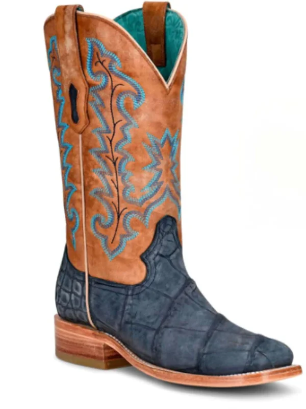 Women’S Alligator Square Toe Cowgirl Boots In Sand & Blue