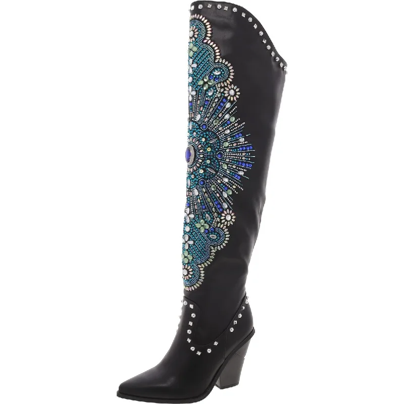 Womens Faux Leather Studded Over-The-Knee Boots