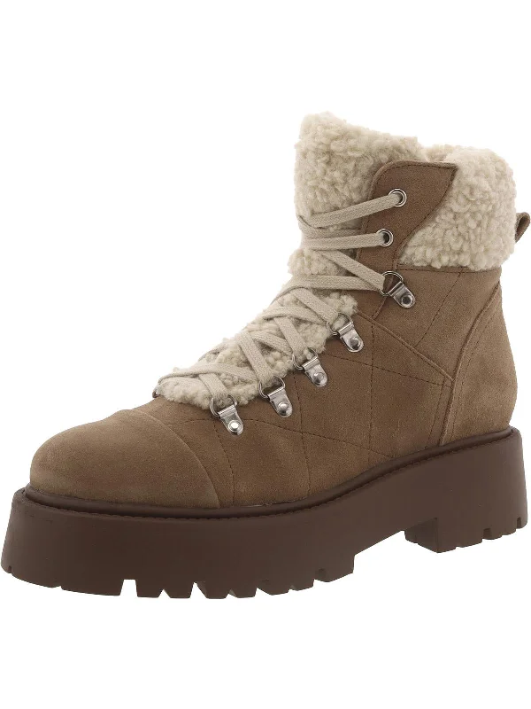 Womens Faux Suede Block Heel Shearling Boots