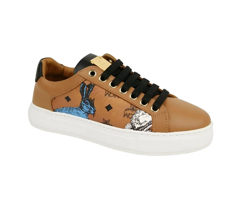 MCM Women's Cognac Brown Visetos Leather Rabbit Print Sneakers