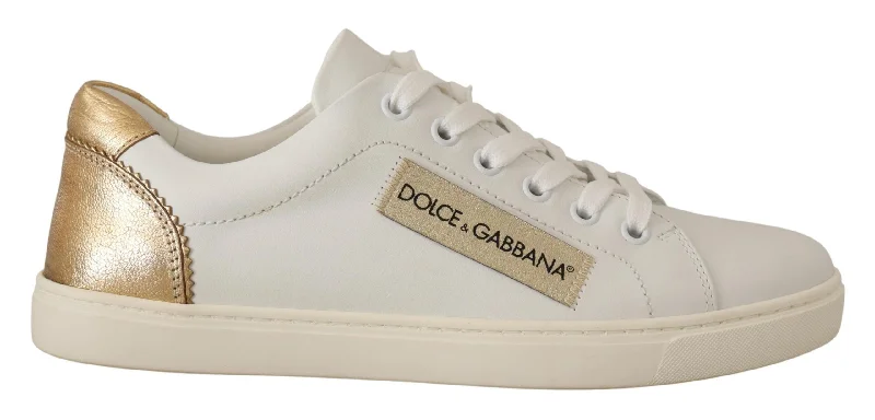 Dolce & Gabbana Elegant White Leather Sneakers with Gold Women's Accents